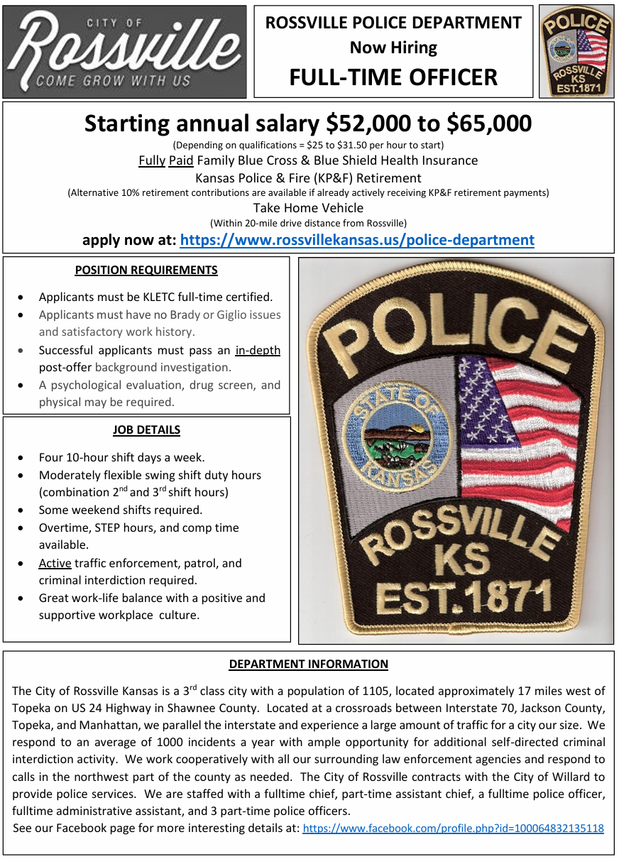 Full-Time Police Officer Job Opening - Rossville | Official City Website